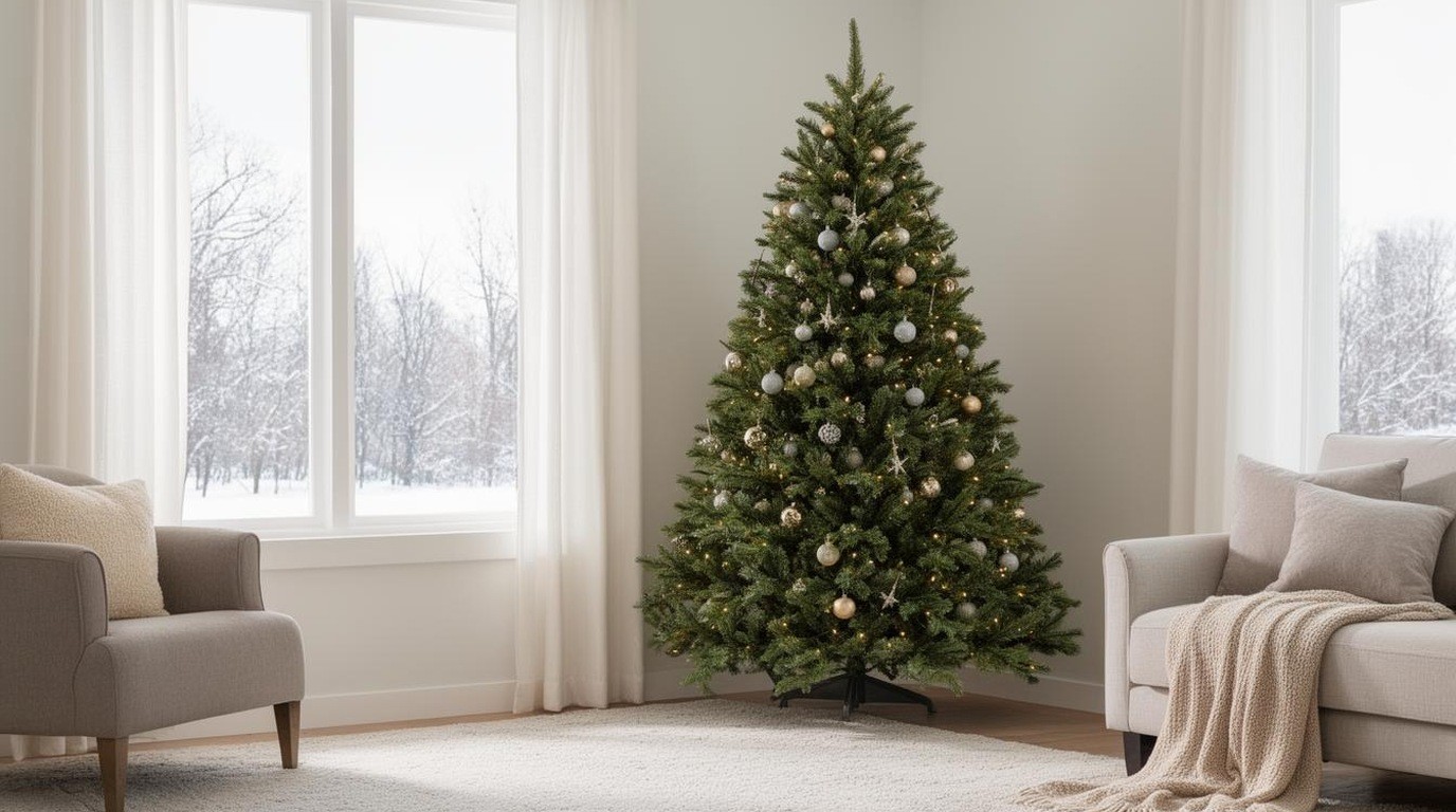 Artificial Christmas tree in a living room corner without decorations