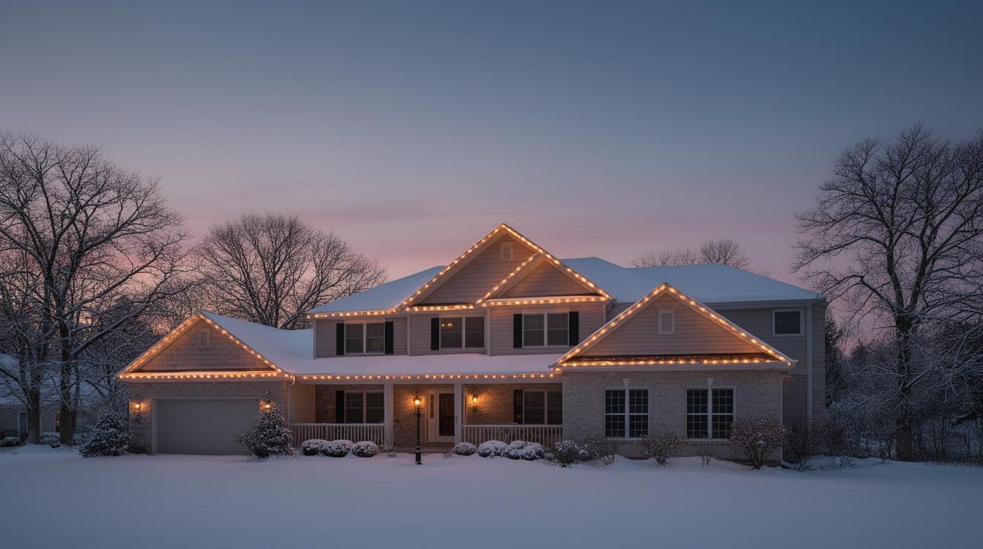 Suburban house roofline with small warm lights at twilight