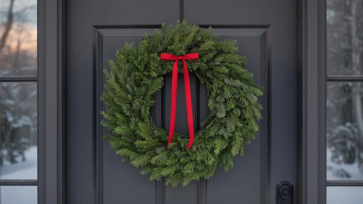 Evergreen wreath on a dark front door with a small red ribbon