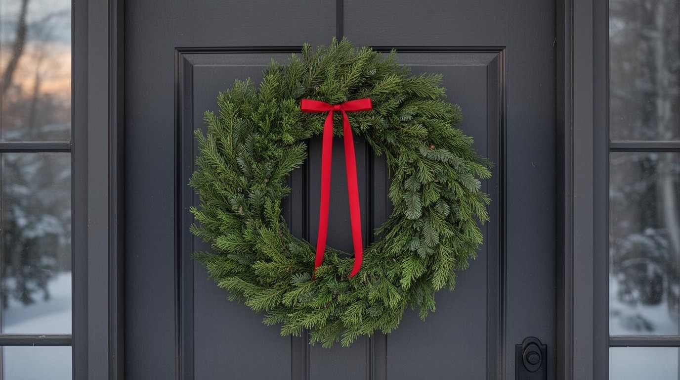 Evergreen wreath on a dark front door with a small red ribbon