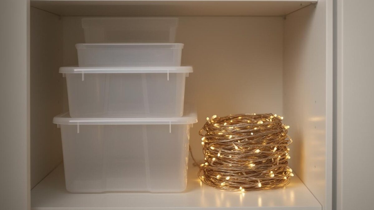 Plastic storage bins stacked in a tidy closet with a coil of lights